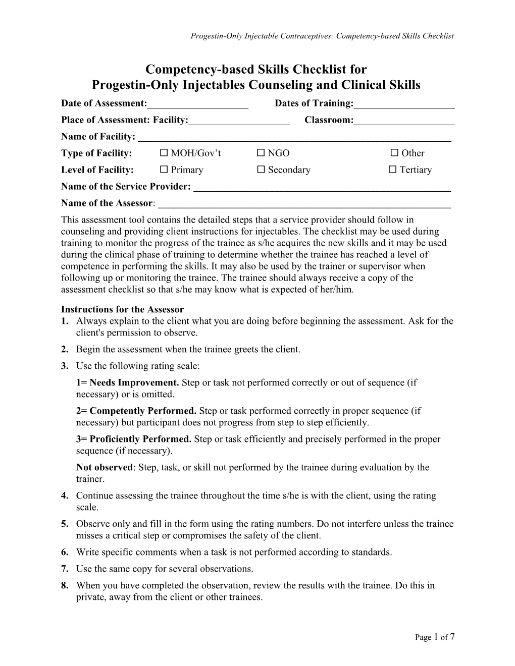 Progestin-Only Injectable Contraceptives: Competency-Based Skills Checklist