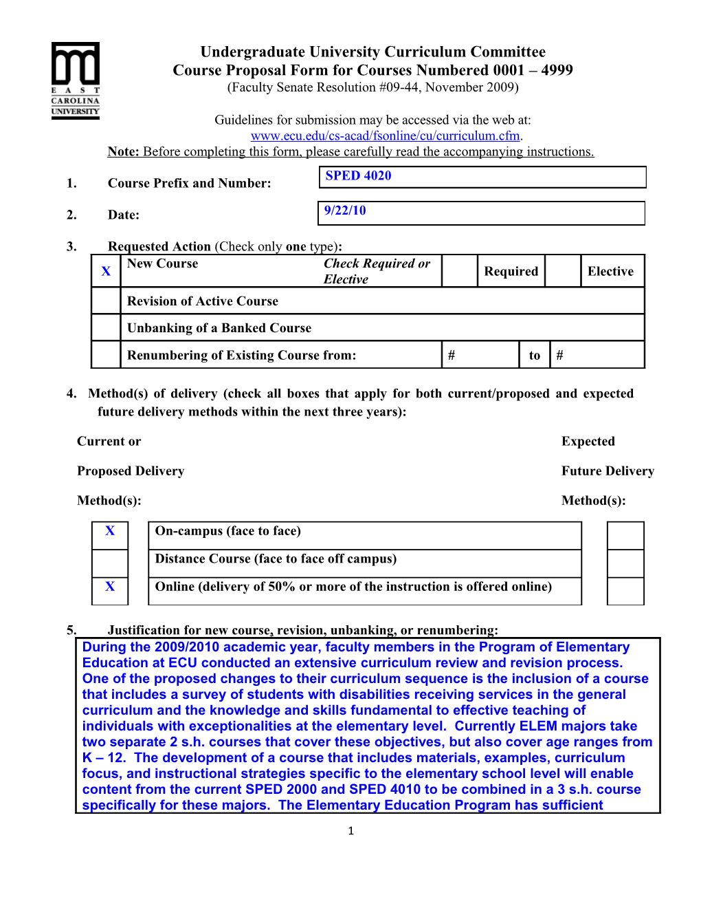 Course Proposal Form for Courses Numbered 0001 4999