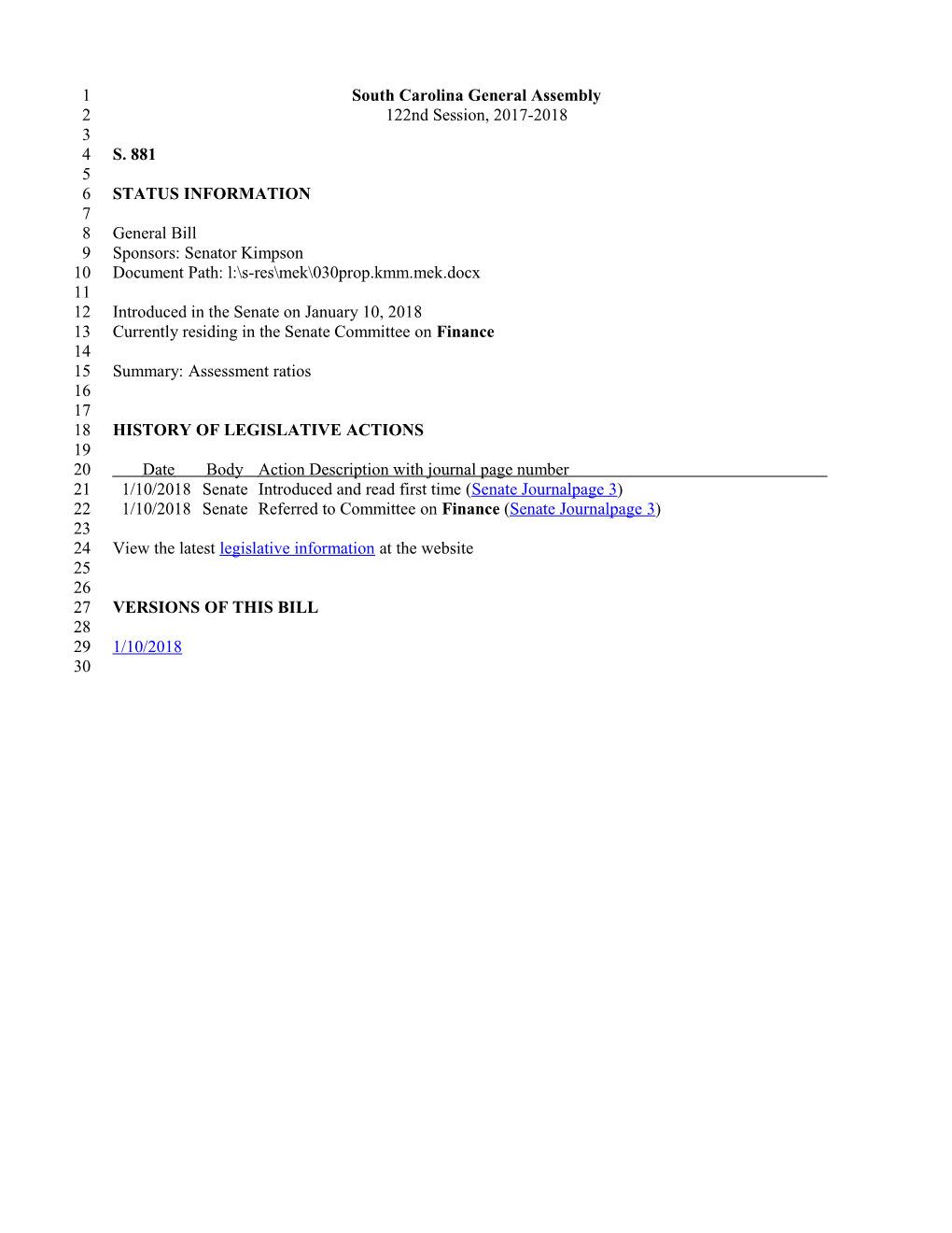 2017-2018 Bill 881: Assessment Ratios - South Carolina Legislature Online