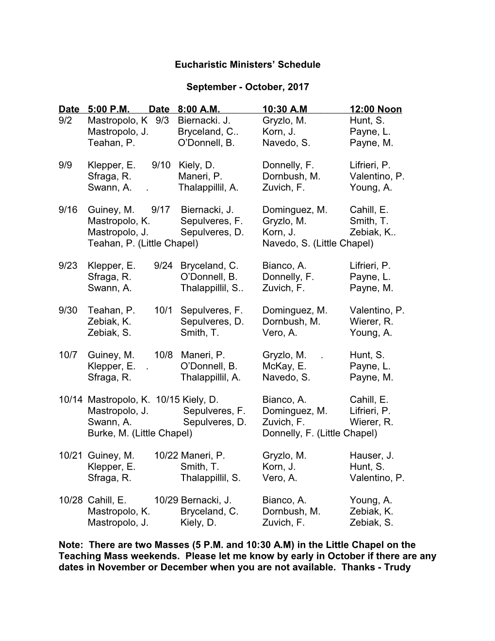 Eucharistic Ministers Schedule