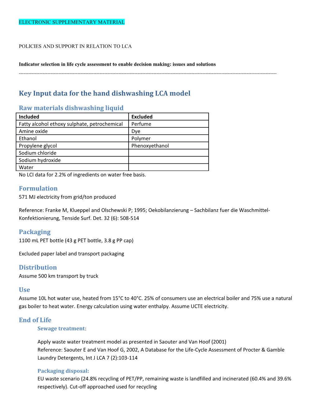 Key Input Data for the Hand Dishwashing LCA Model