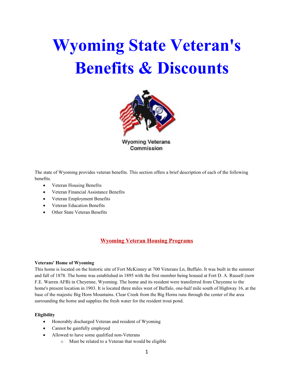 Wyoming State Veteran's Benefits & Discounts