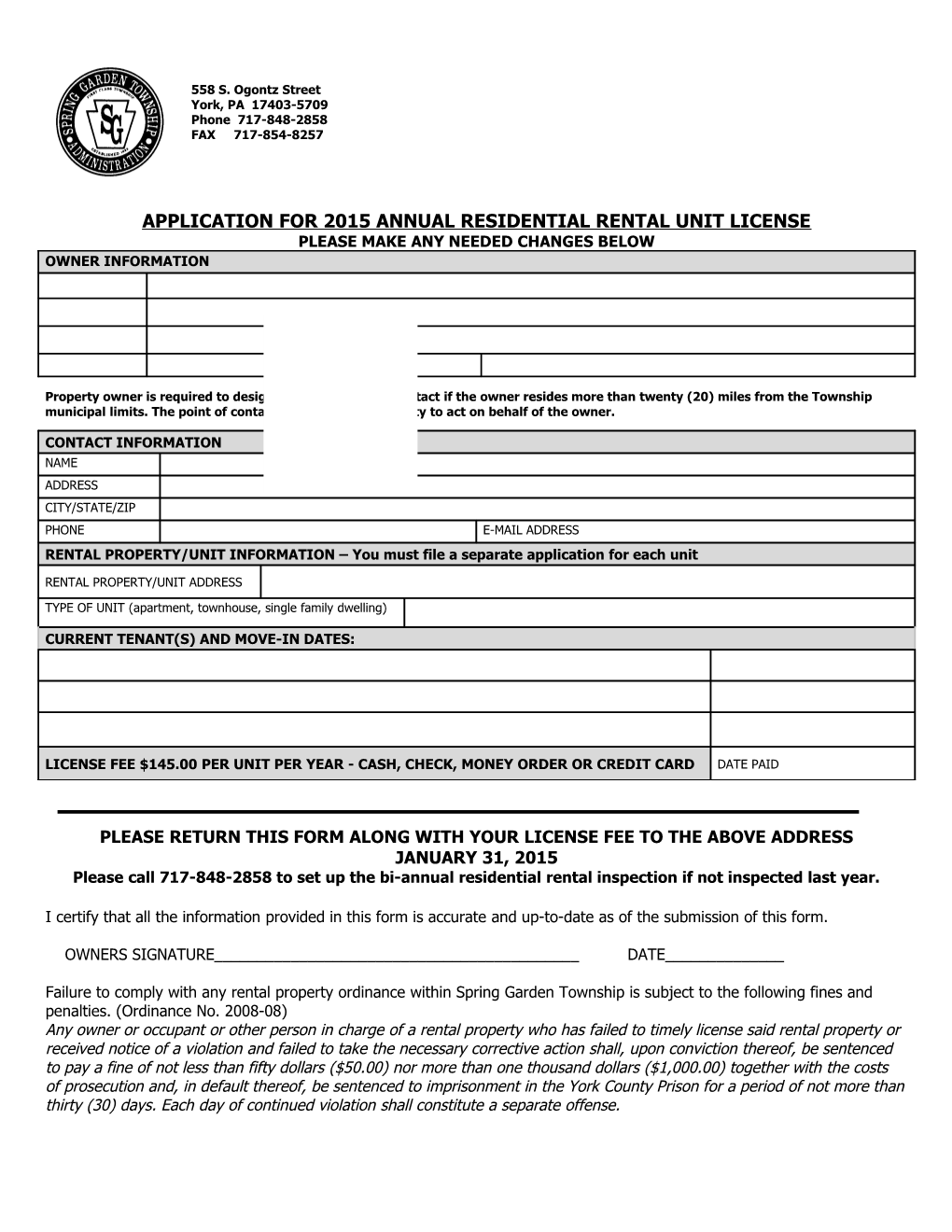 Application for Annual Residential Rental Unit License
