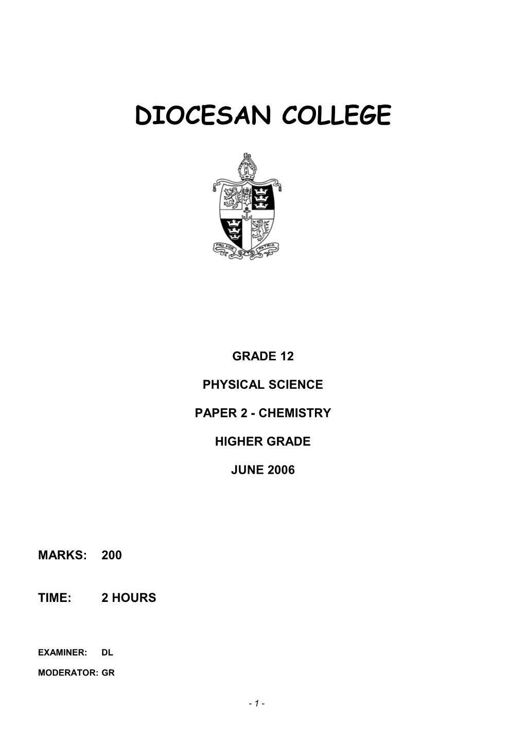Plan of the Grade 12 Chemistry Paper