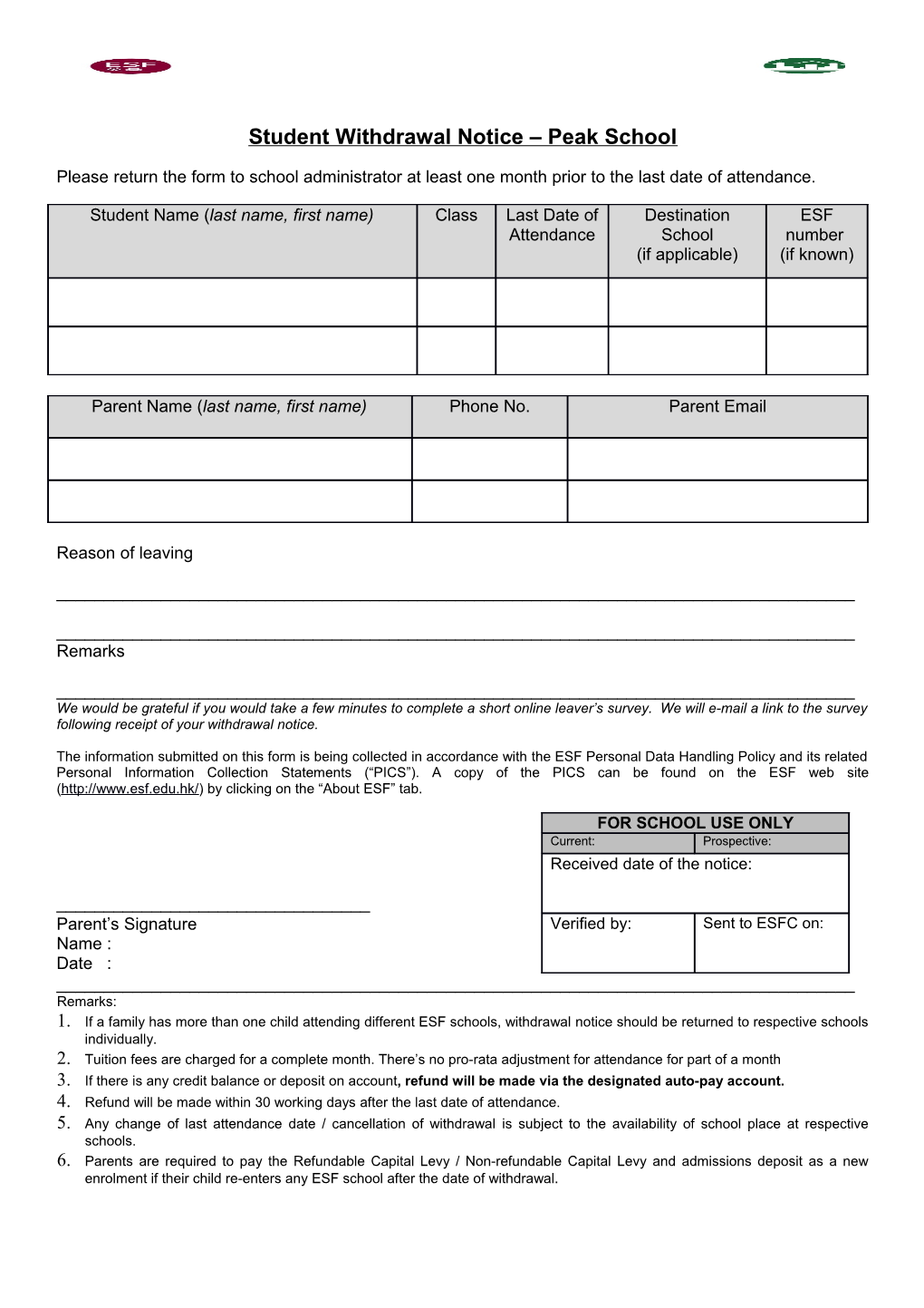 Student Withdrawal Notice Peak School