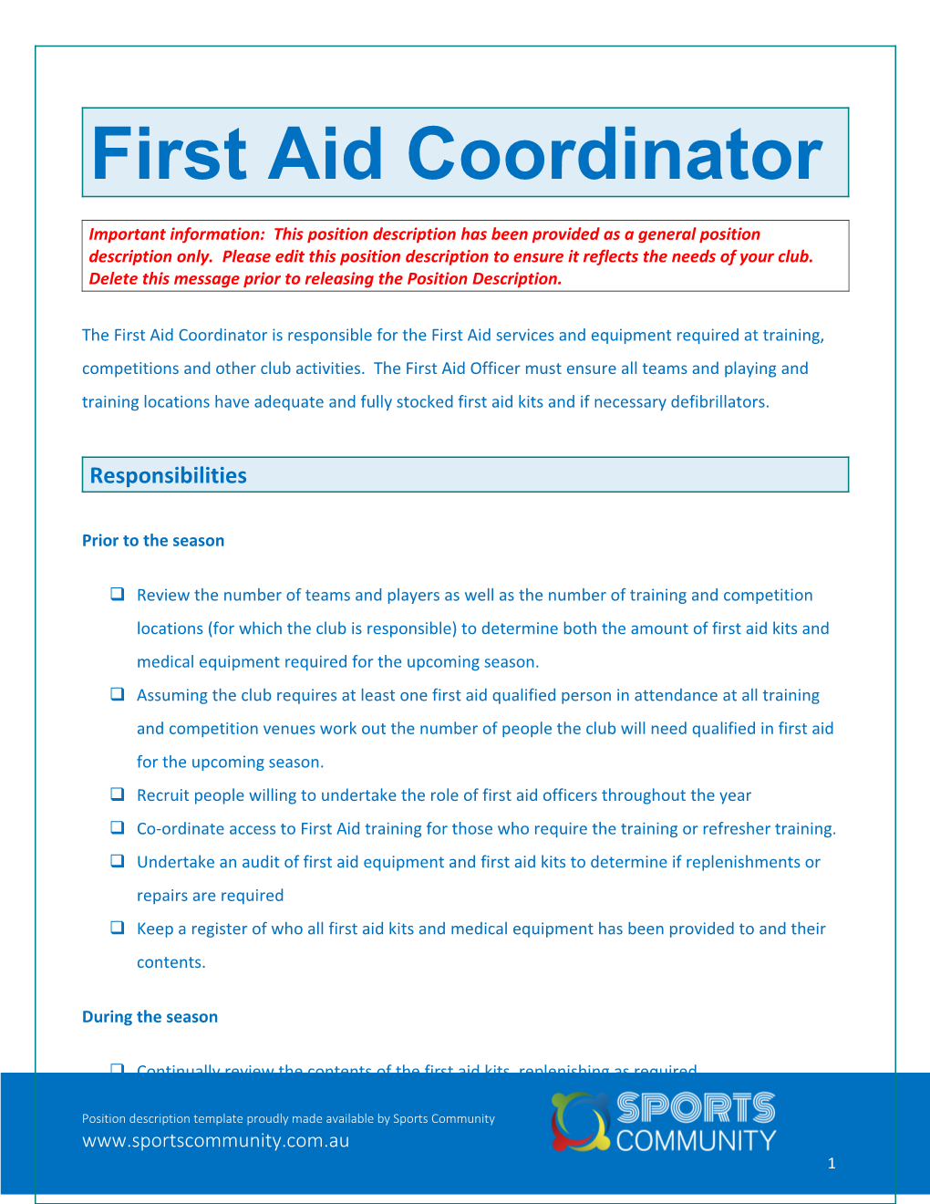 First Aid Coordinator