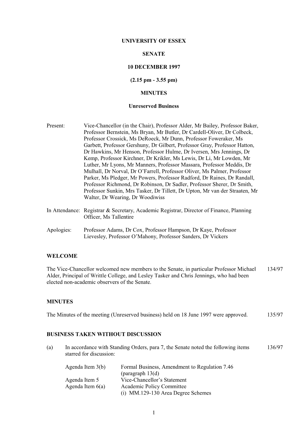 Senate Minutes December 1997 - University of Essex