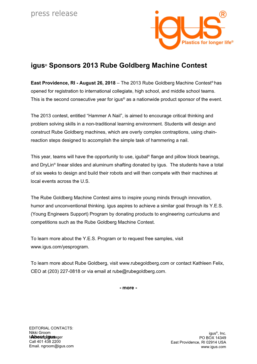 Igus Sponsors 2013 Rube Goldberg Machine Contest