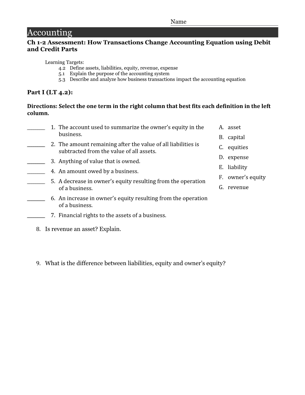 4.2 Define Assets, Liabilities, Equity, Revenue, Expense