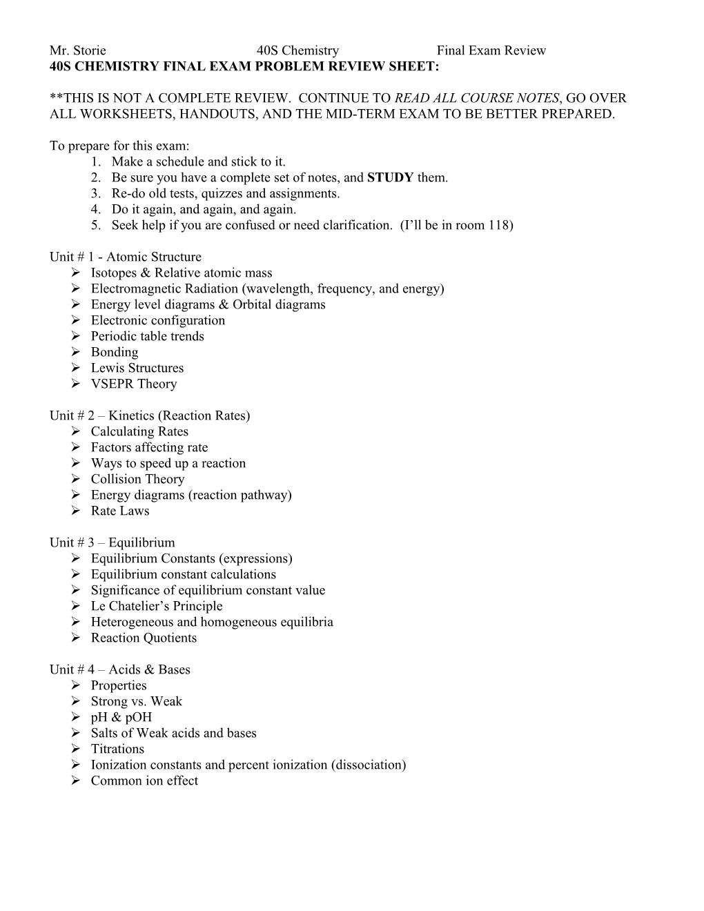 40S Chemistry Final Exam Problem Review Sheet