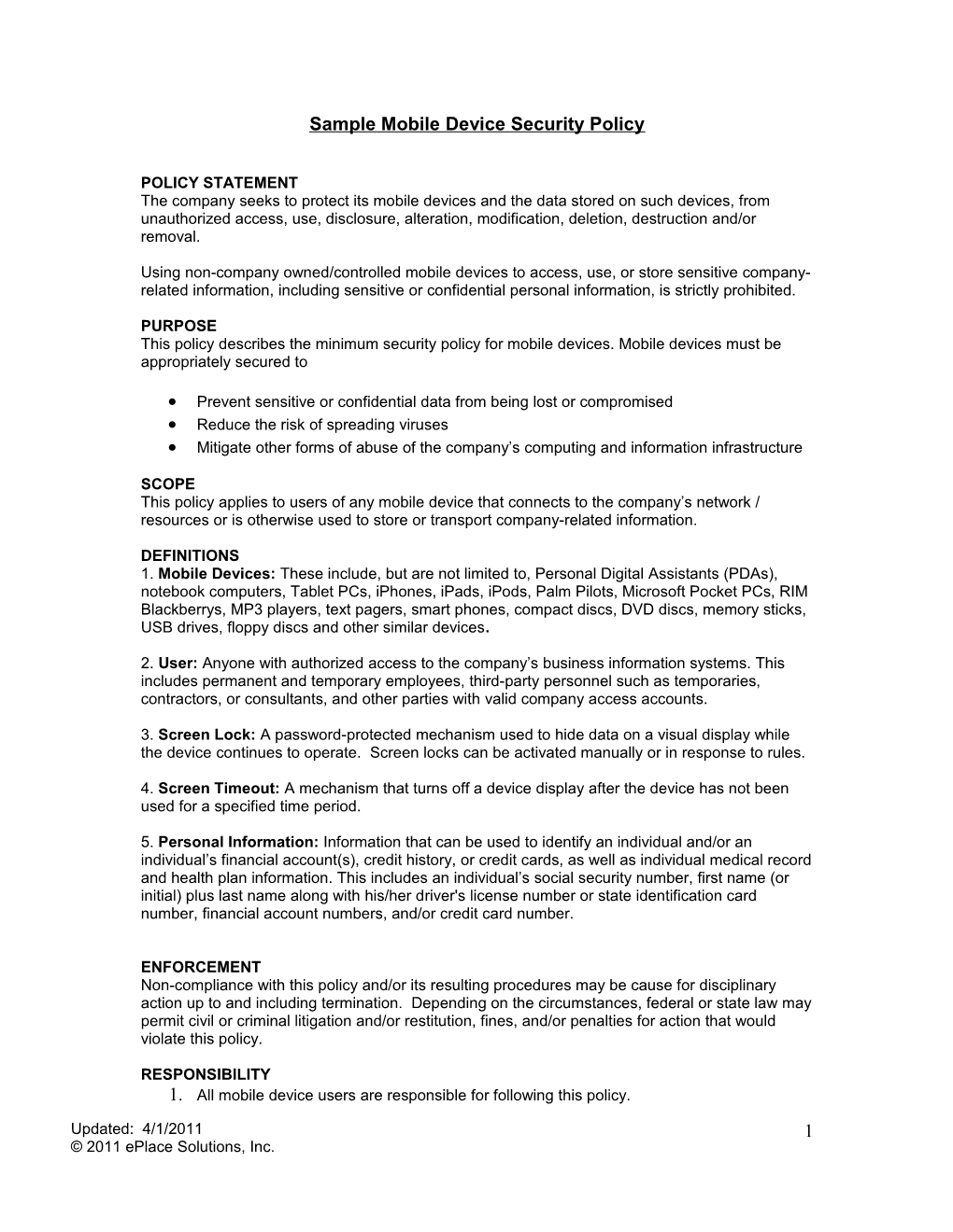 Sample Mobile Device Security Policy