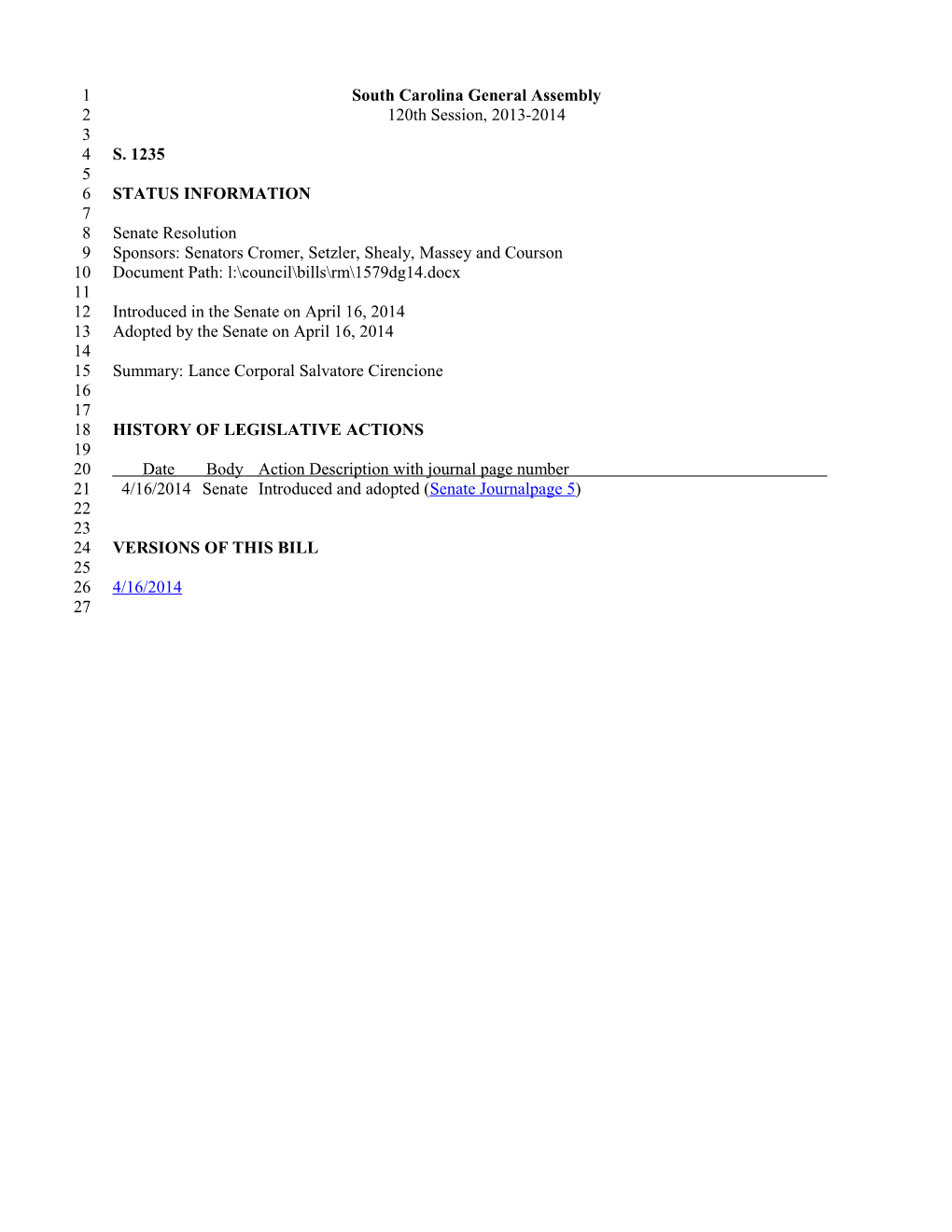 2013-2014 Bill 1235: Lance Corporal Salvatore Cirencione - South Carolina Legislature Online