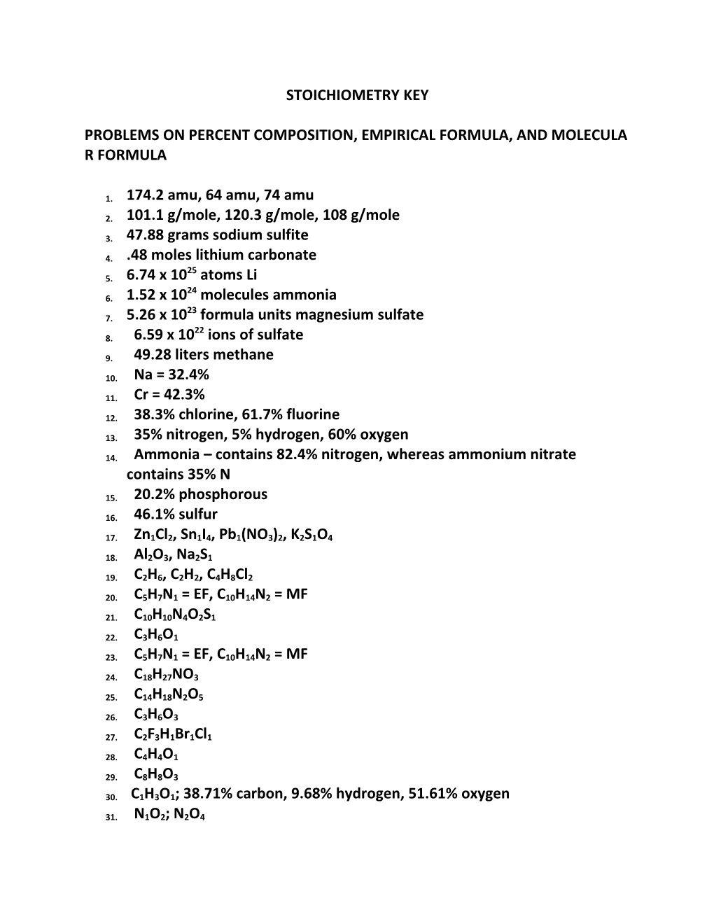 Problems on Percent Composition, Empirical Formula, and Molecular Formula