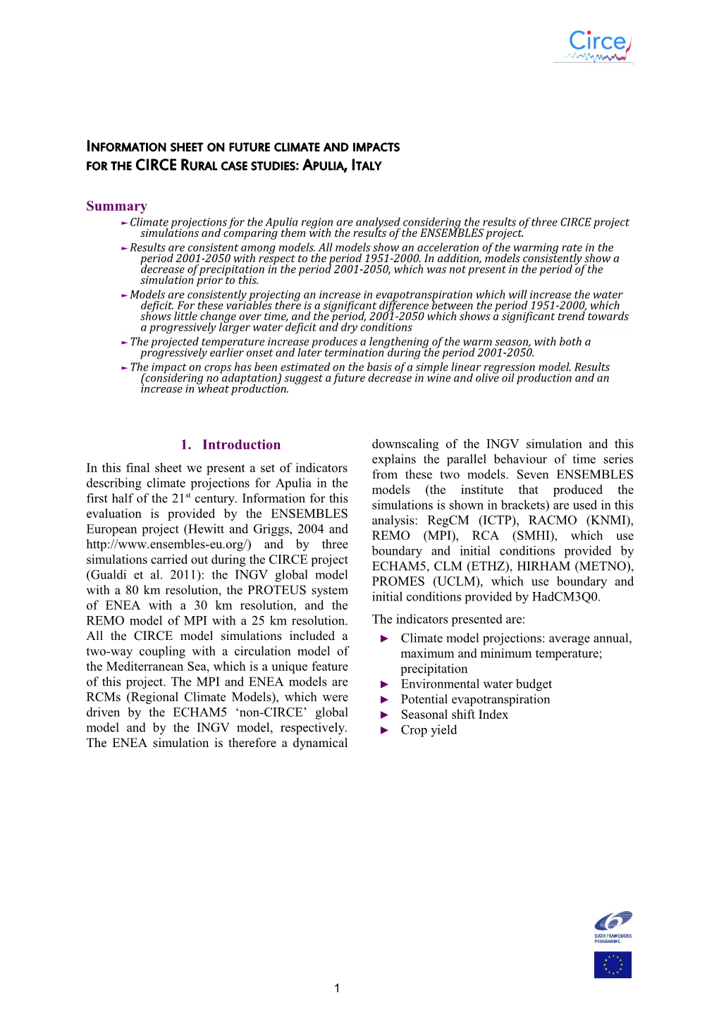 Information Sheet on Future Climate and Impacts in the Rural Case Studies: Apulia, Italy