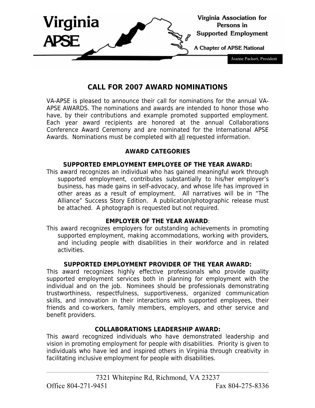 Call for 2007 Award Nominations