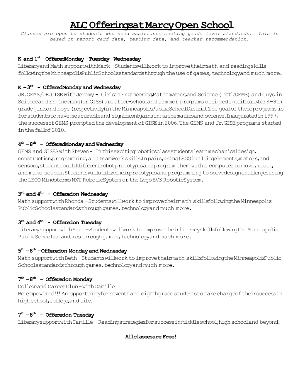 ALC Offerings at Marcy Open School