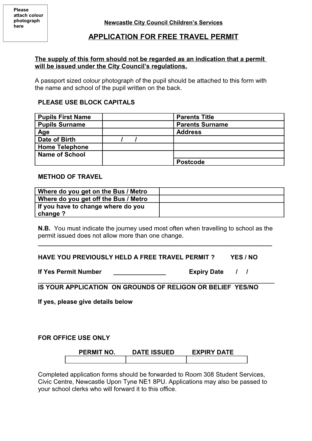 Application for Free Travel Permit