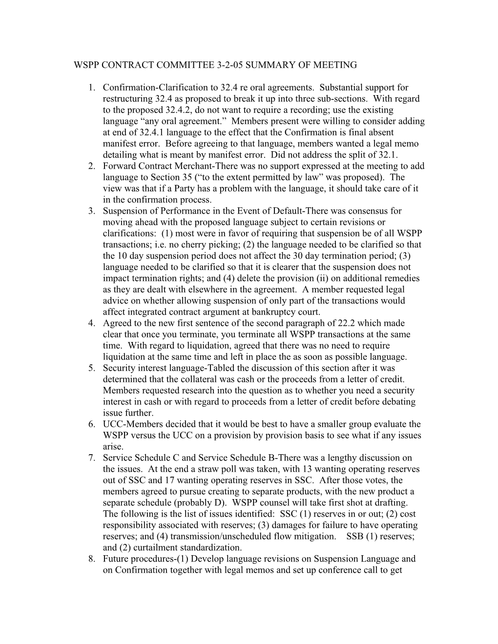 Wspp Contract Committee 3-2-05 Summary of Meeting