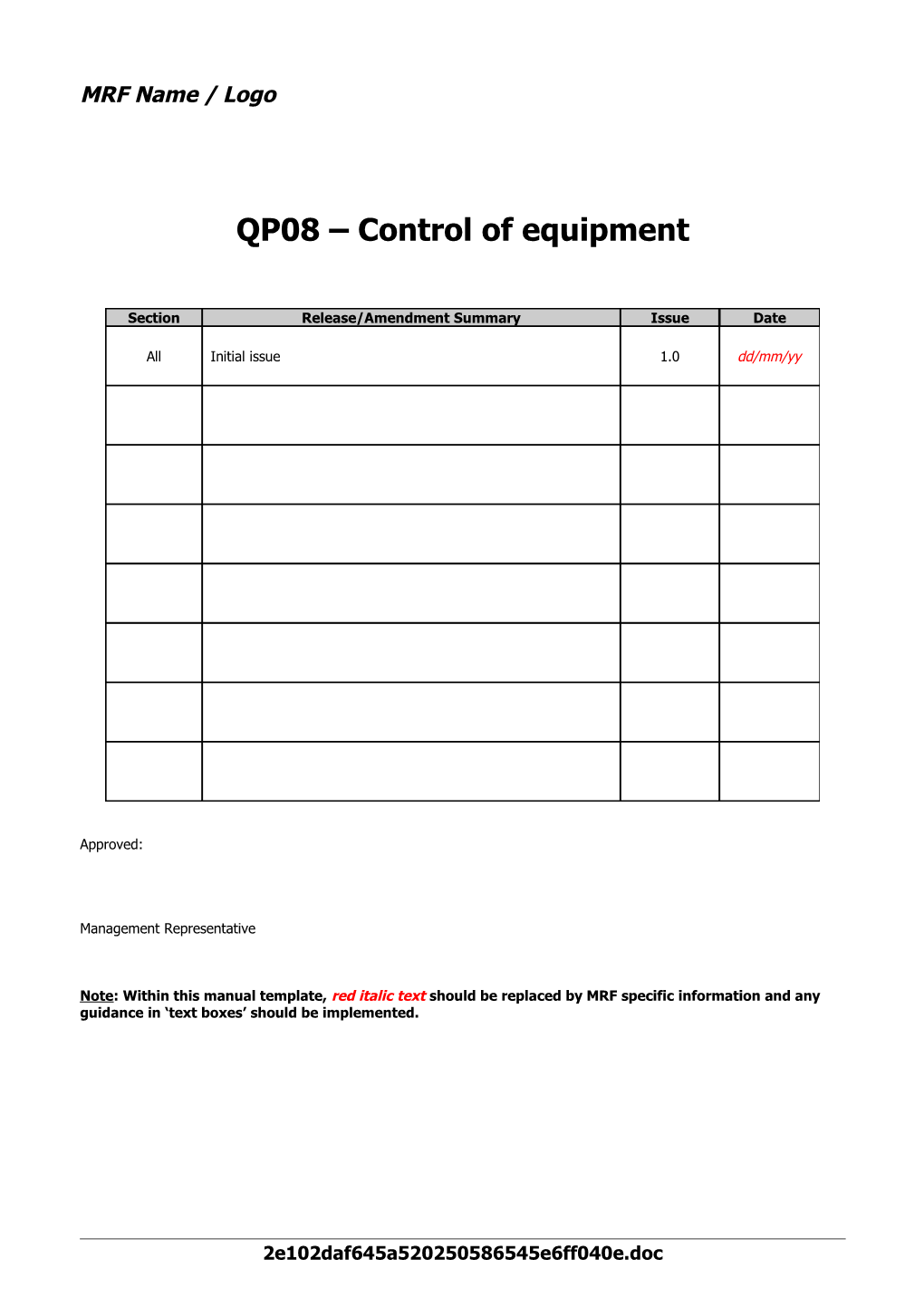 QP08 Control of Equipment