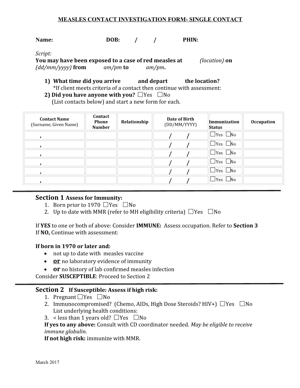 Measles Contact Investigation Form- Single Contact