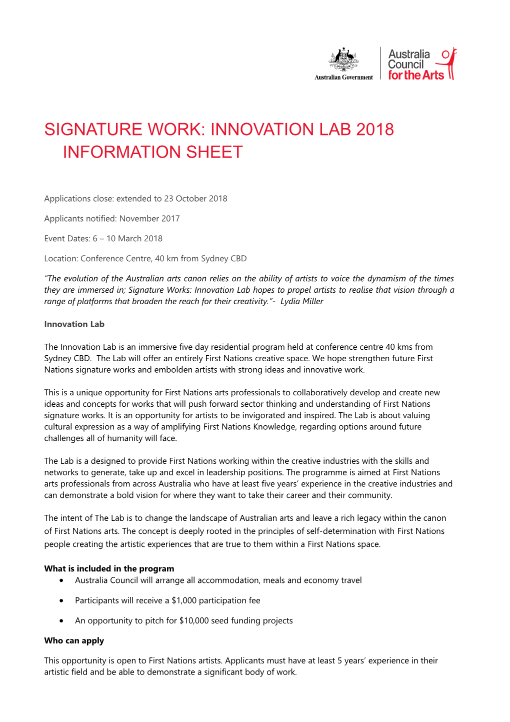 Signature Work: INNOVATION LAB 2018Information Sheet