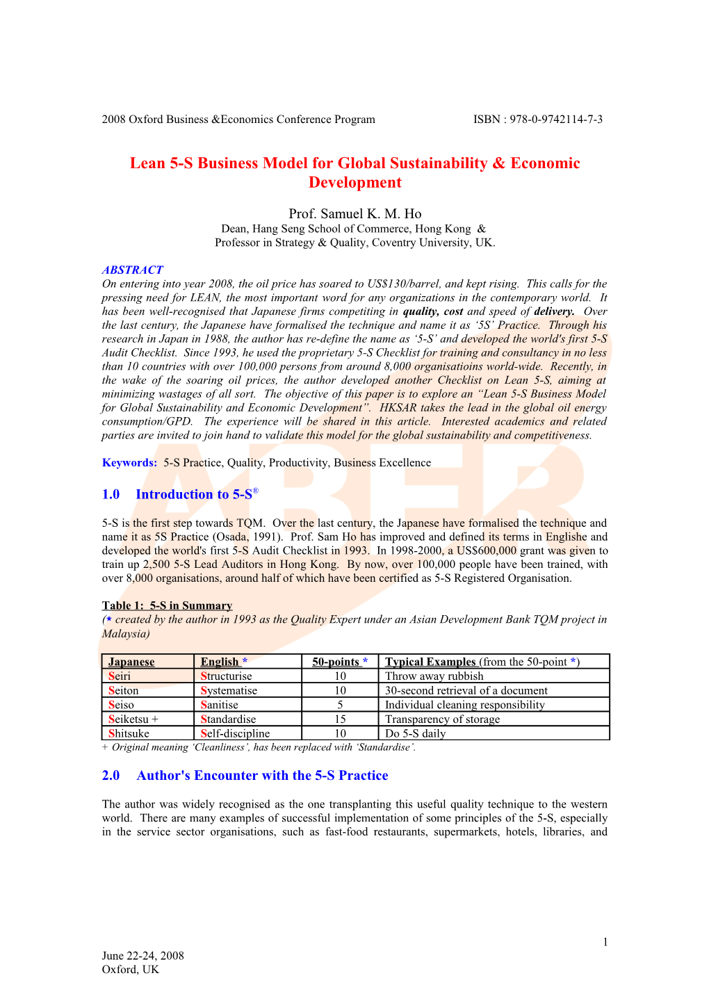 Lean 5-S Business Model for Global Sustainability & Economic Development