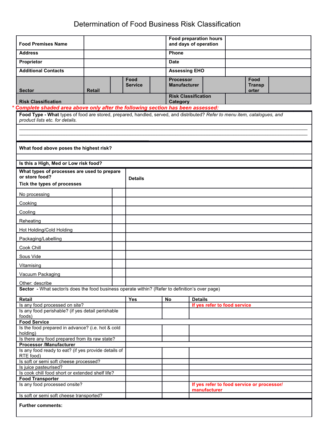 Determination of Food Business Risk Classification