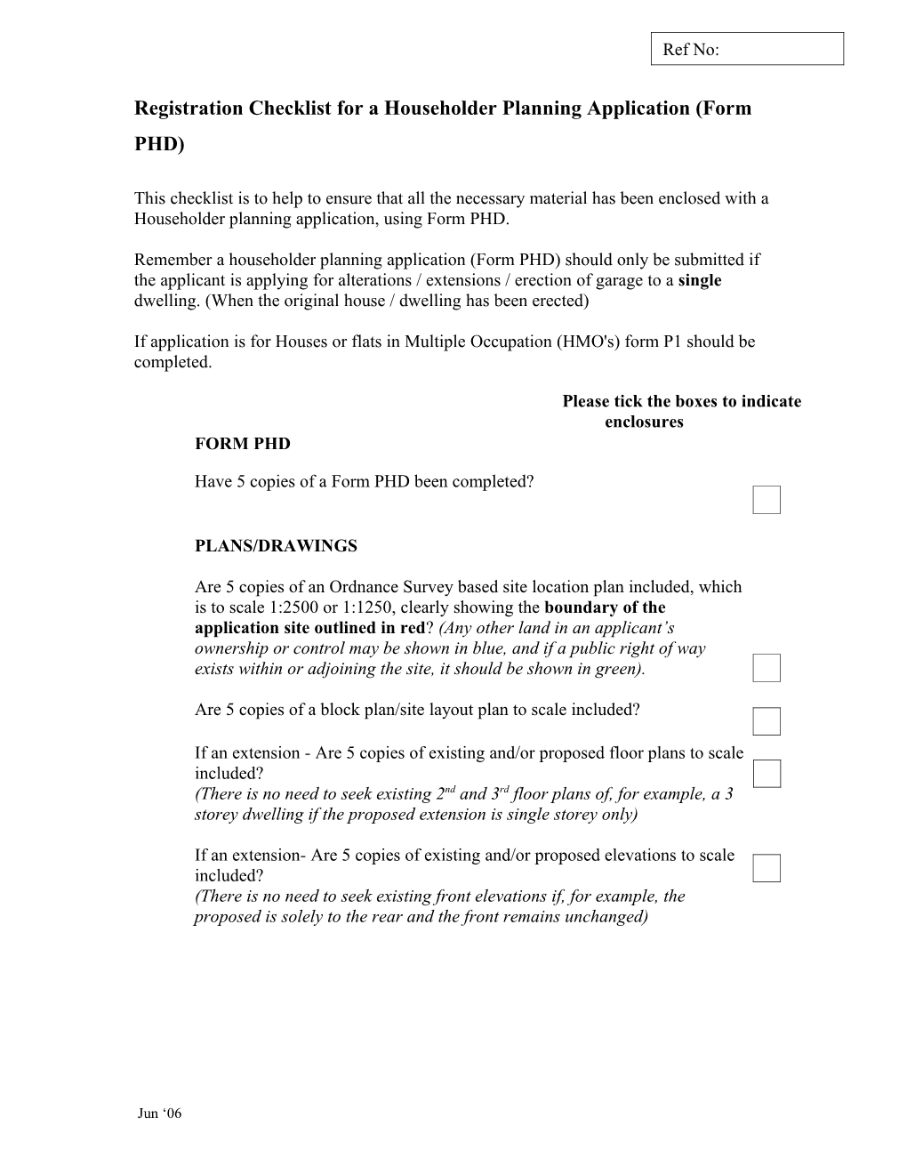 Form PHD: Registration Checklist for a Householder Planning Application