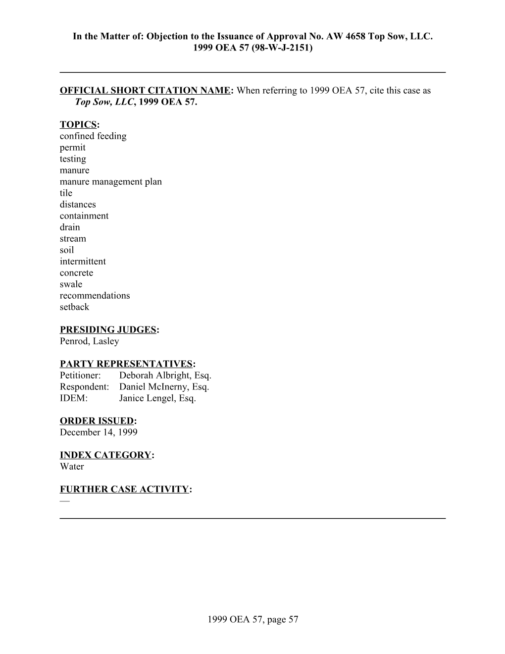 OFFICIAL SHORT CITATION NAME: When Referring to 1999 OEA 57, Cite This Case As