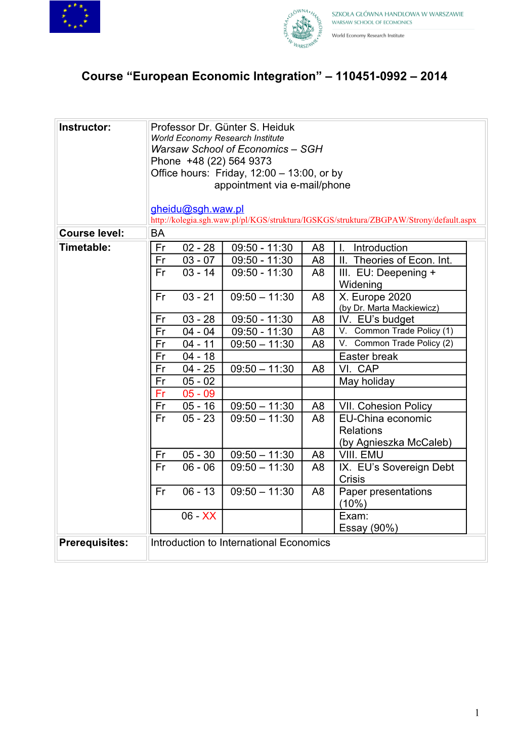 BEST Course European Economic Systems and Industrial Relations