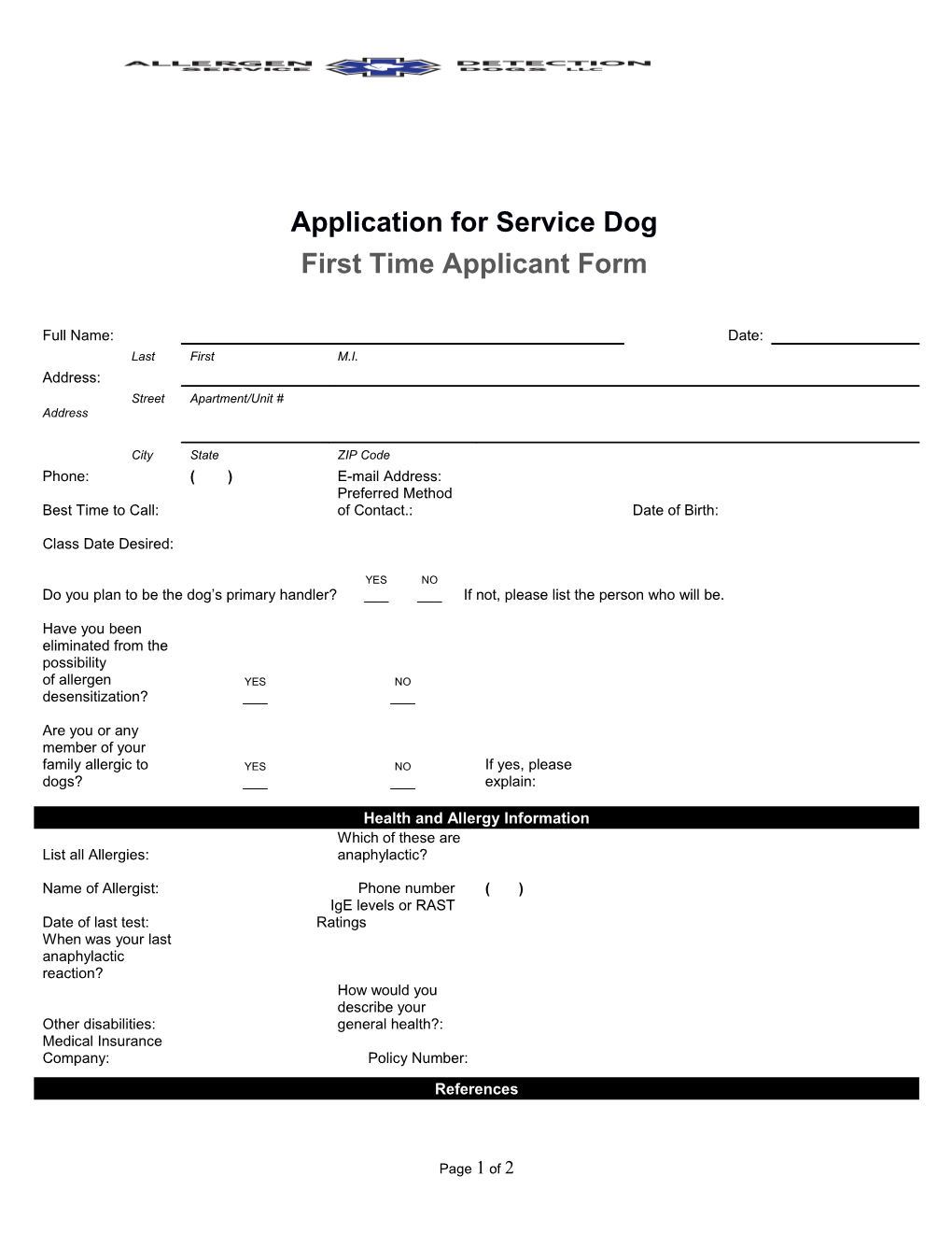 Application for Service Dog