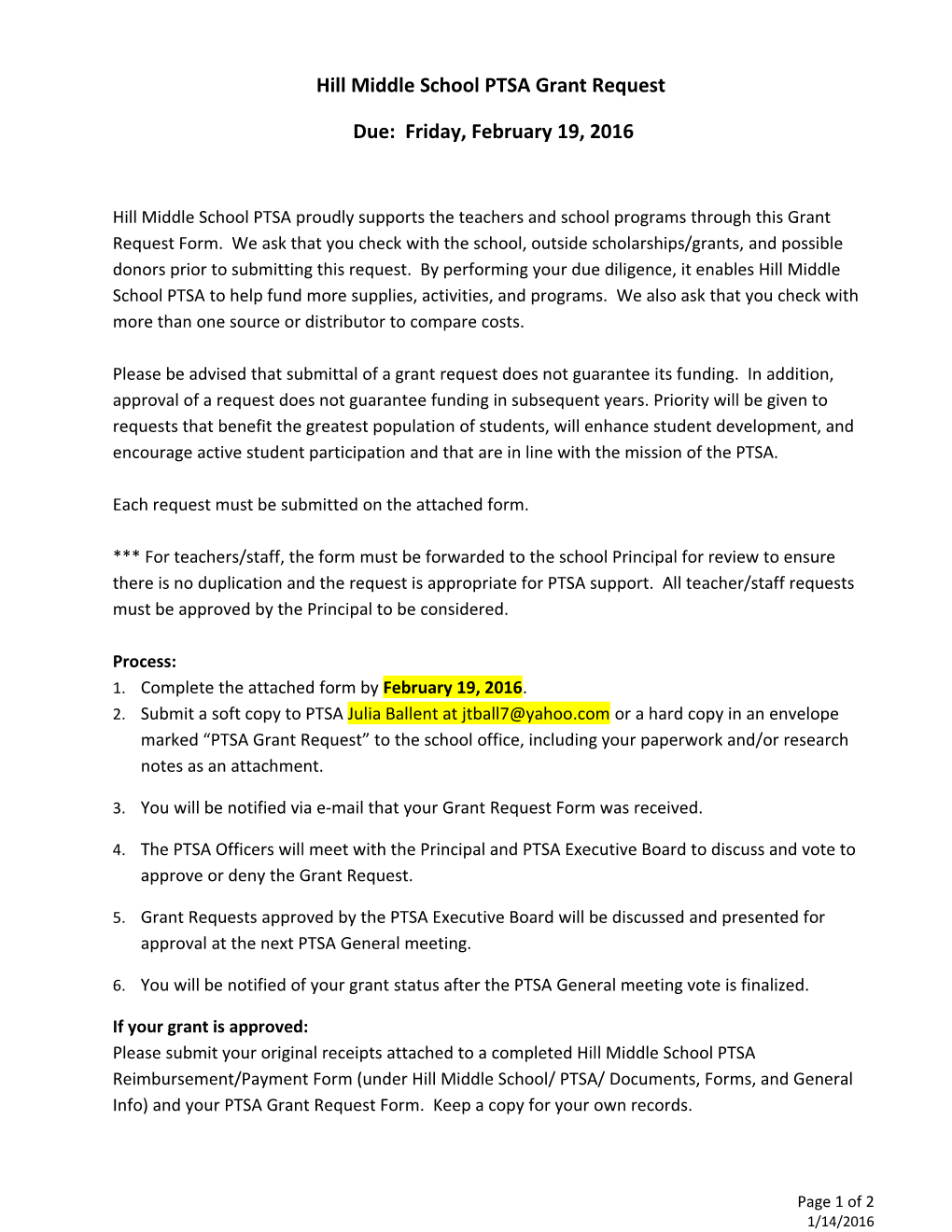 Hill Middle School PTSA Grant Request