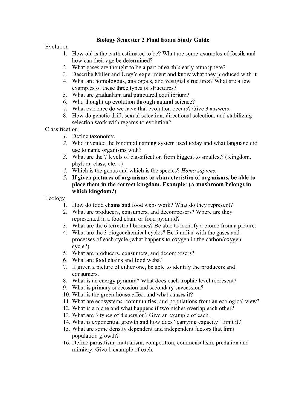 Biology Semester 2 Final Exam Study Guide