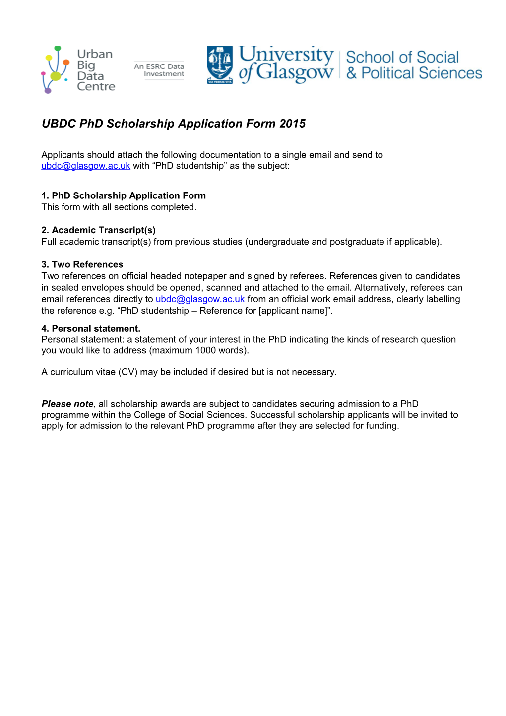 UBDC Phd Scholarship Application Form 2015