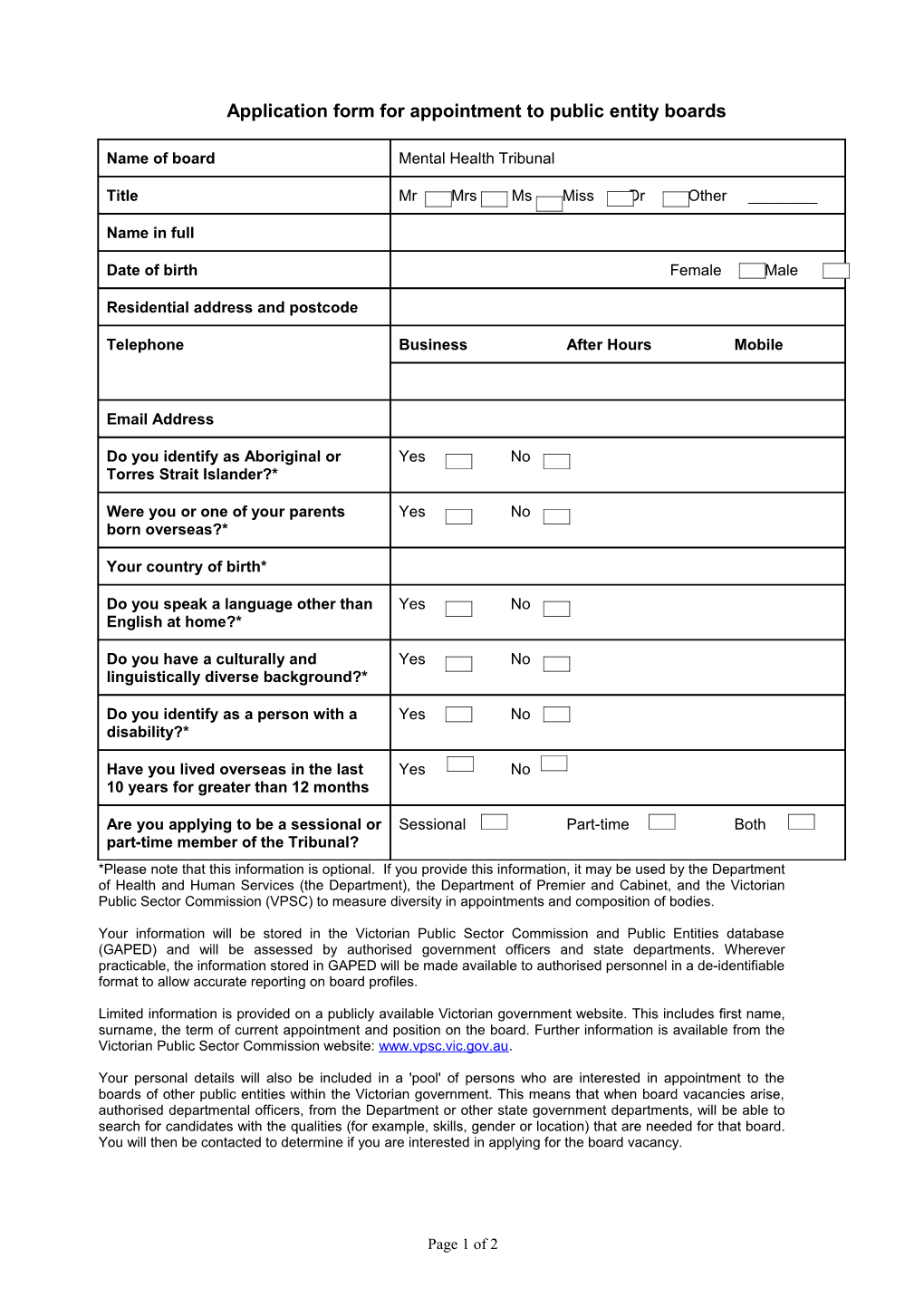Application Form for Appointment to Public Entity Boards