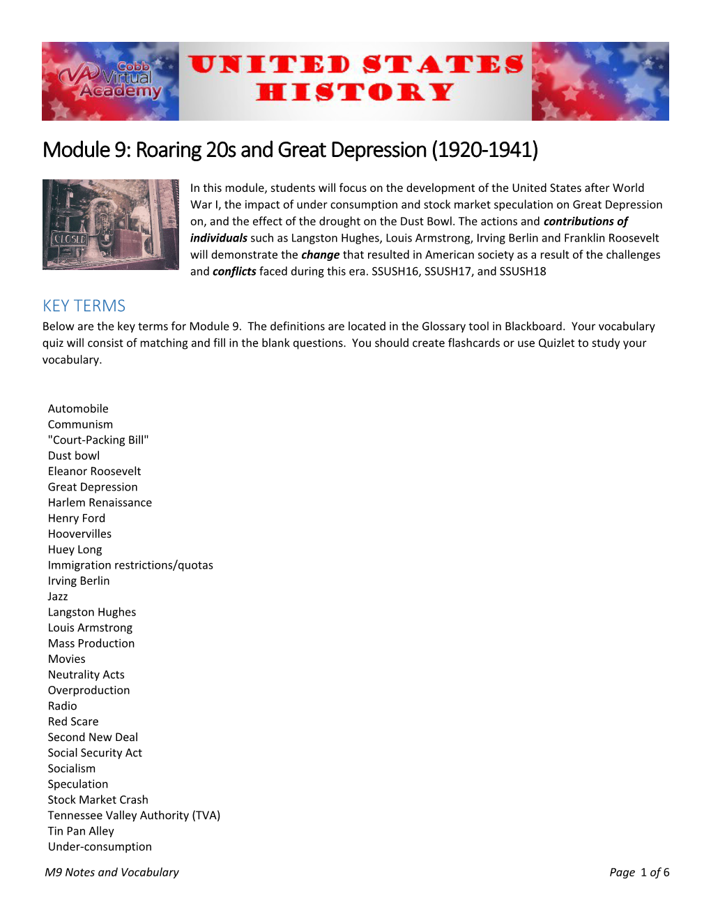 Module 9: Roaring 20S and Great Depression (1920-1941)