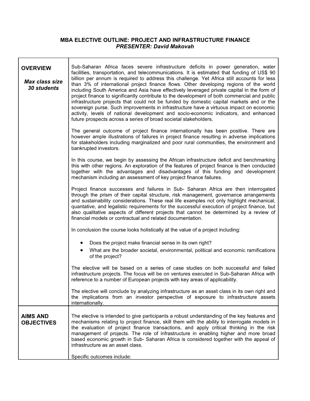 Mba Elective Outline: Project and Infrastructure Finance