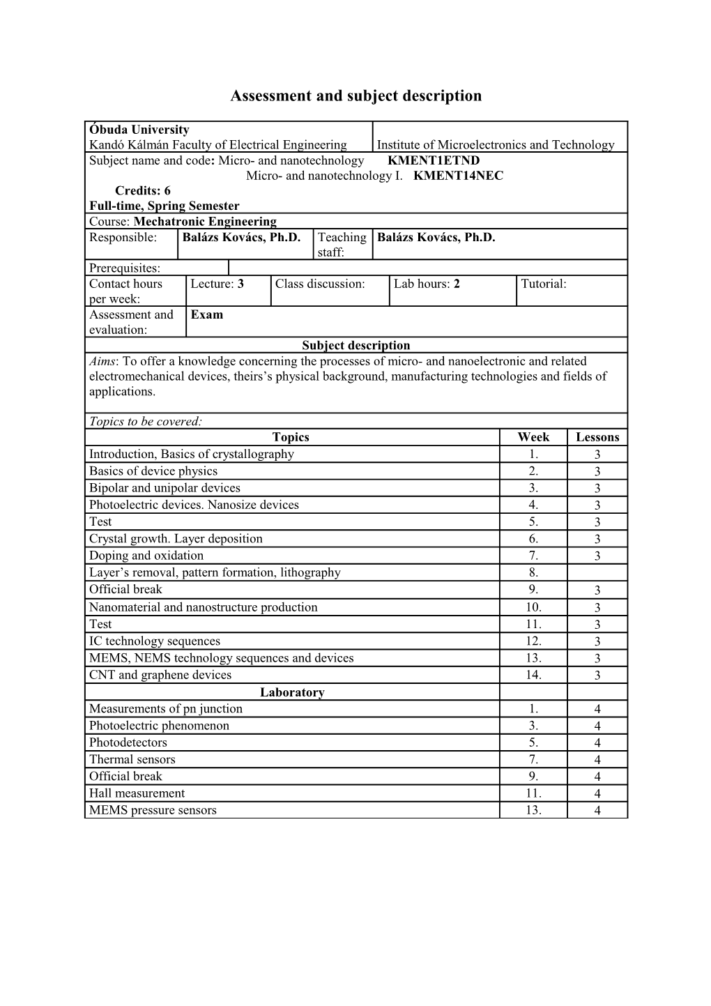 Assessment and Subject Description