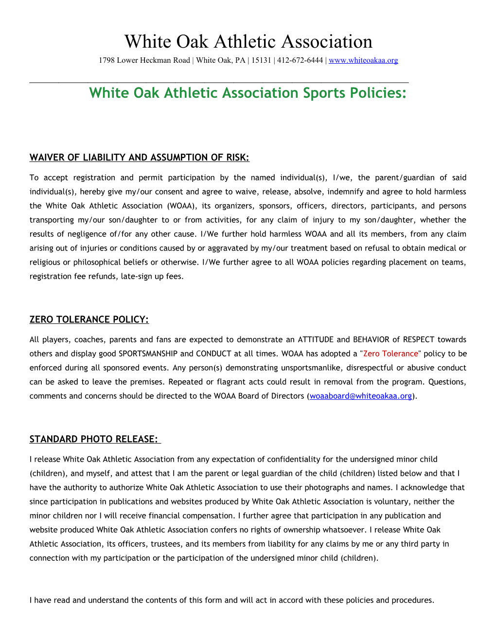 White Oak Athletic Association Sports Policies