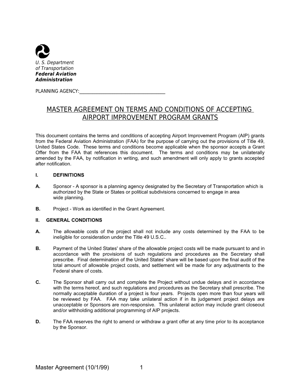 Master Agreement Terms and Conditions of Accepting Airport Improvement Program Grants
