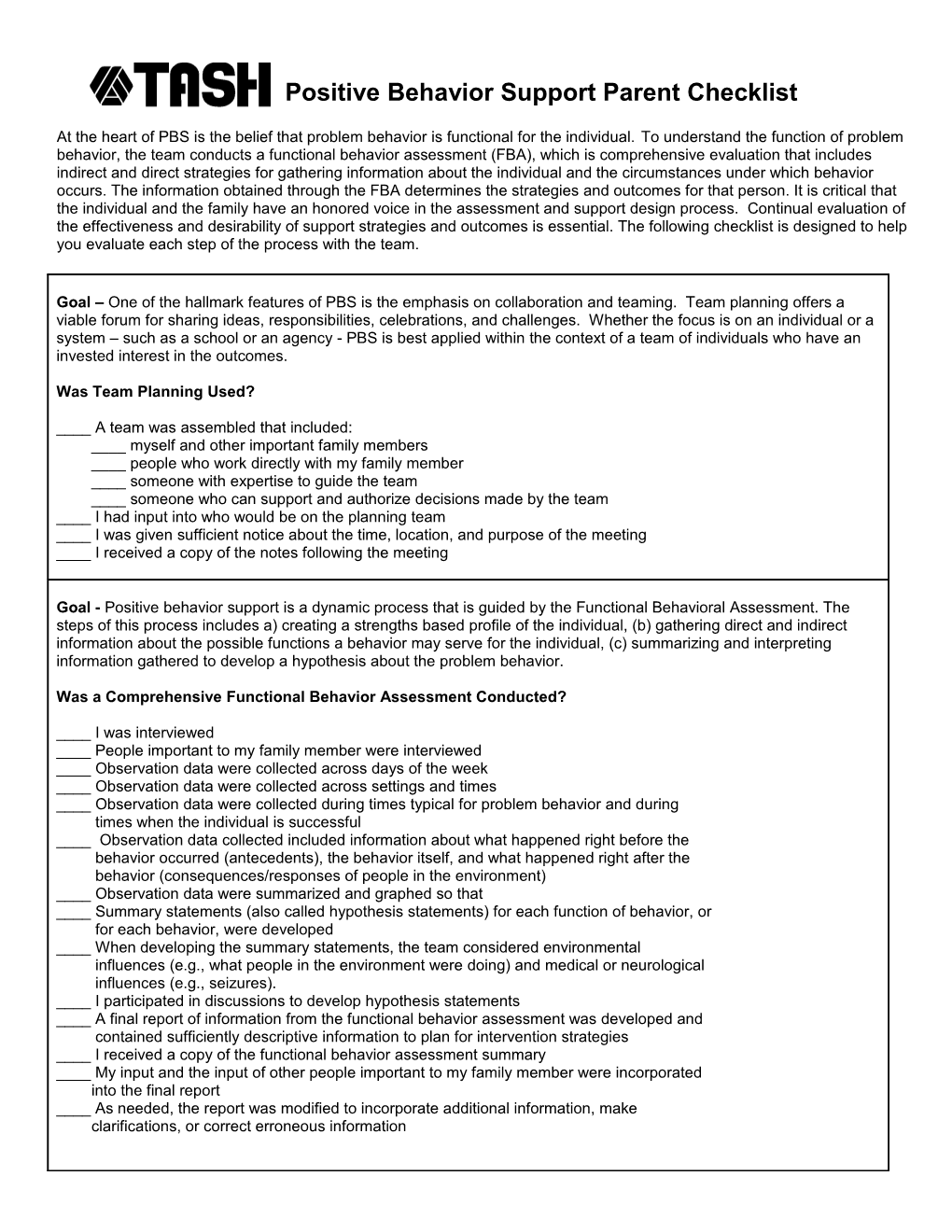 Positive Behavior Support Parent Checklist