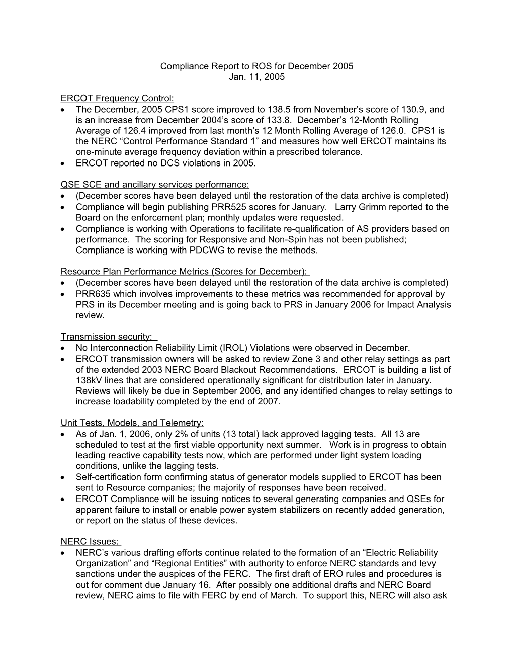 Compliance Report to ROS (For January-February 2005)