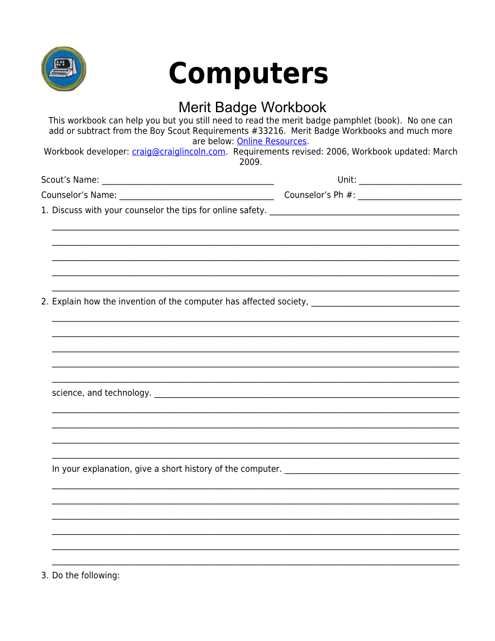 Computers P. 2 Merit Badge Workbook Scout's Name: ______