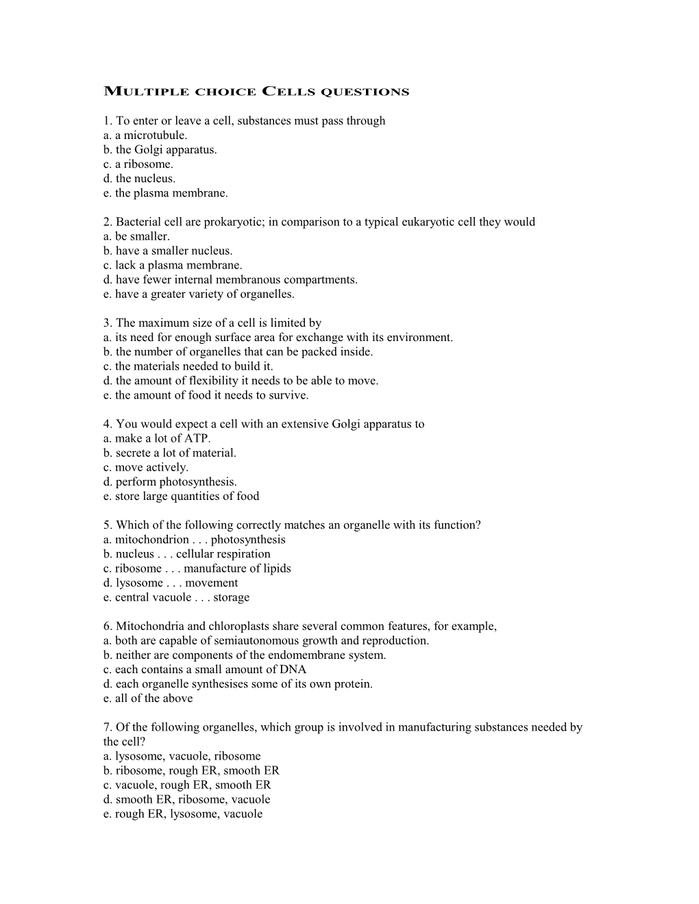 Multiple Choice Cells Questions