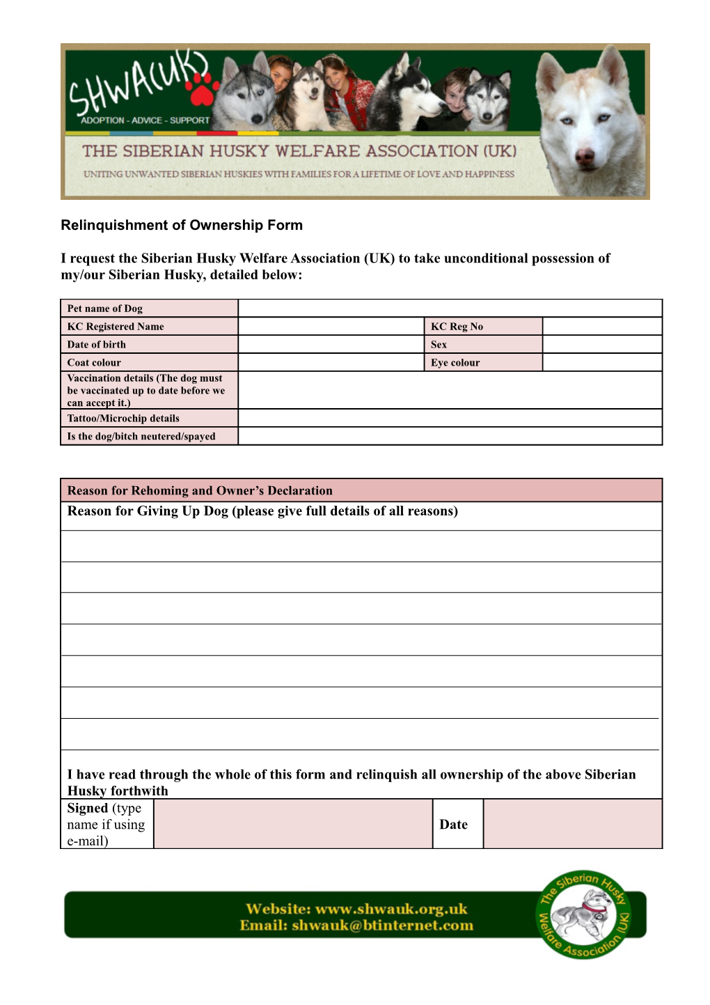 Relinquishment of Ownership Form