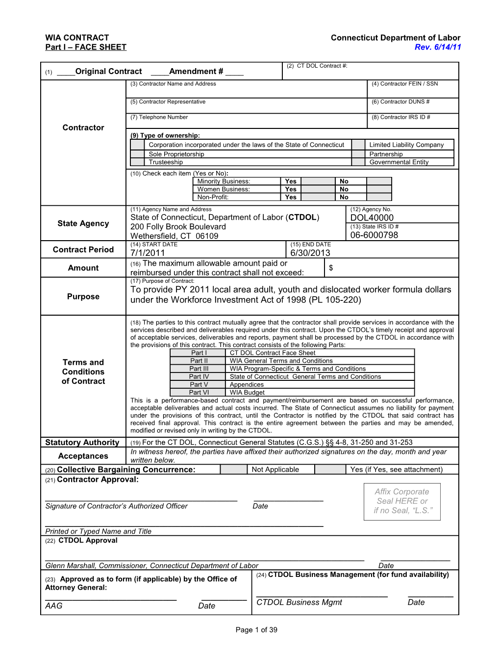 Connecticut Department of Labor CONTRACT for WIA and JFES