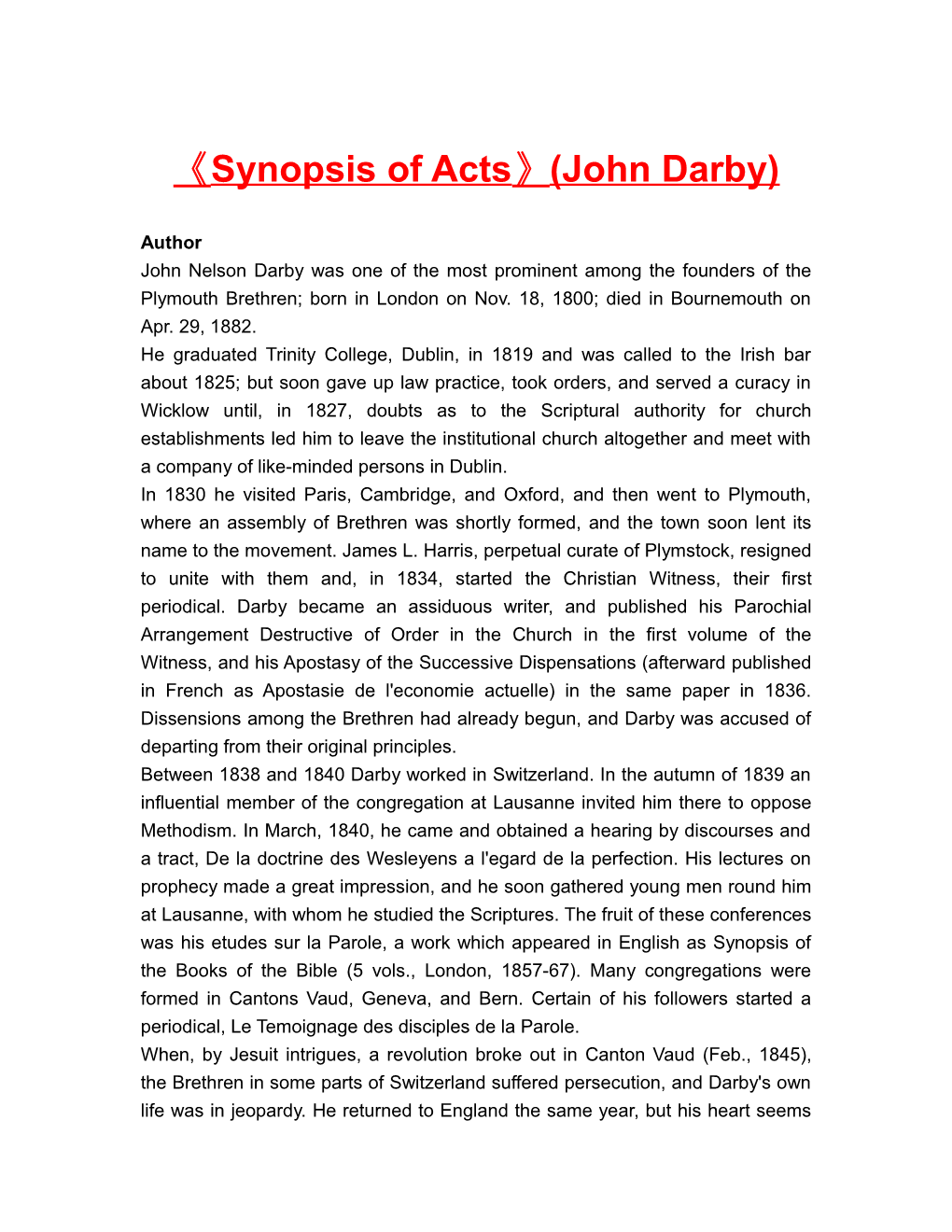 Synopsis of Acts (John Darby)