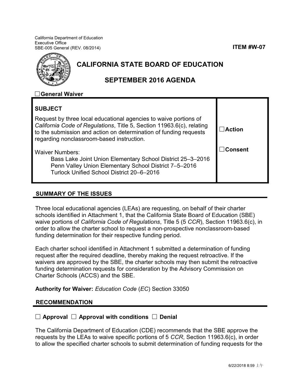 September 2016 Waiver Item W-07 Revised - Meeting Agendas (CA State Board of Education)