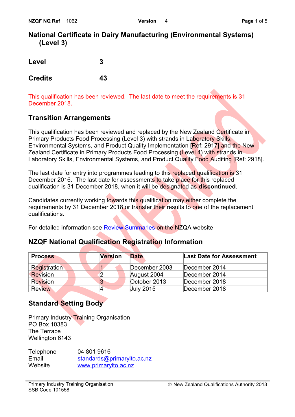 1062 National Certificate in Dairy Manufacturing (Environmental Systems) (Level 3)