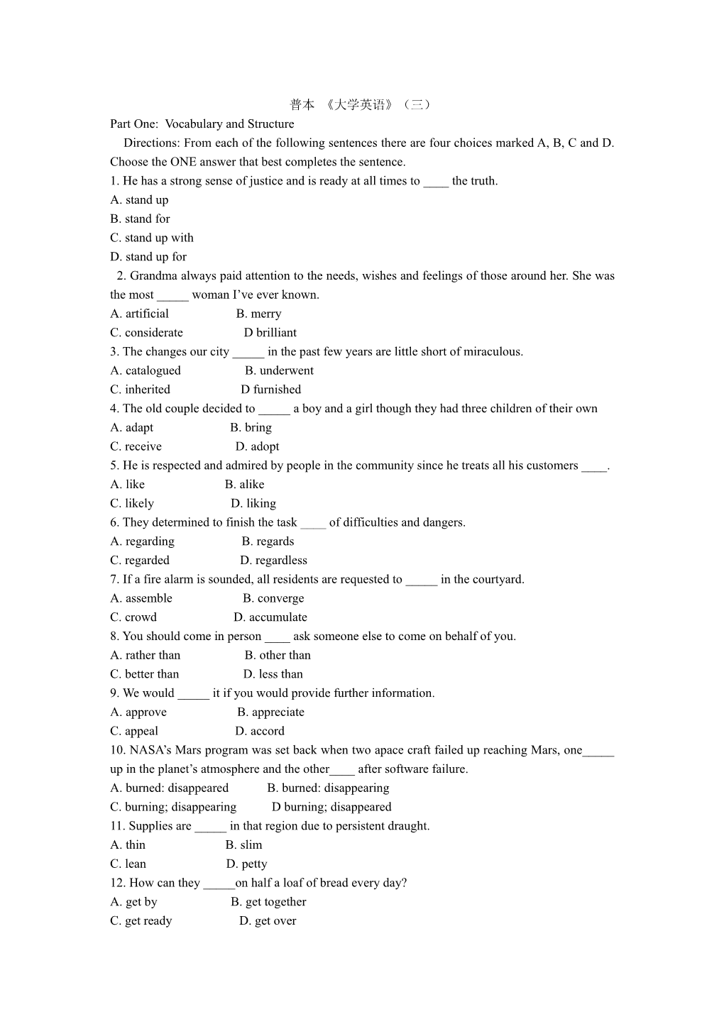 Part One: Vocabulary and Structure